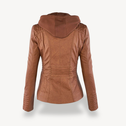 Wasserdichte Lederjacke Damen Kapuze Schwarz Ledermantel - BerlinGlamour