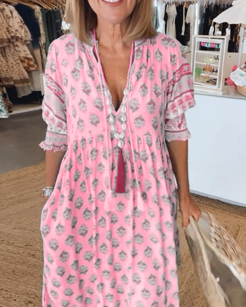 Damen Midi-Kleid Bedruckt V-Ausschnitt Sommerkleid