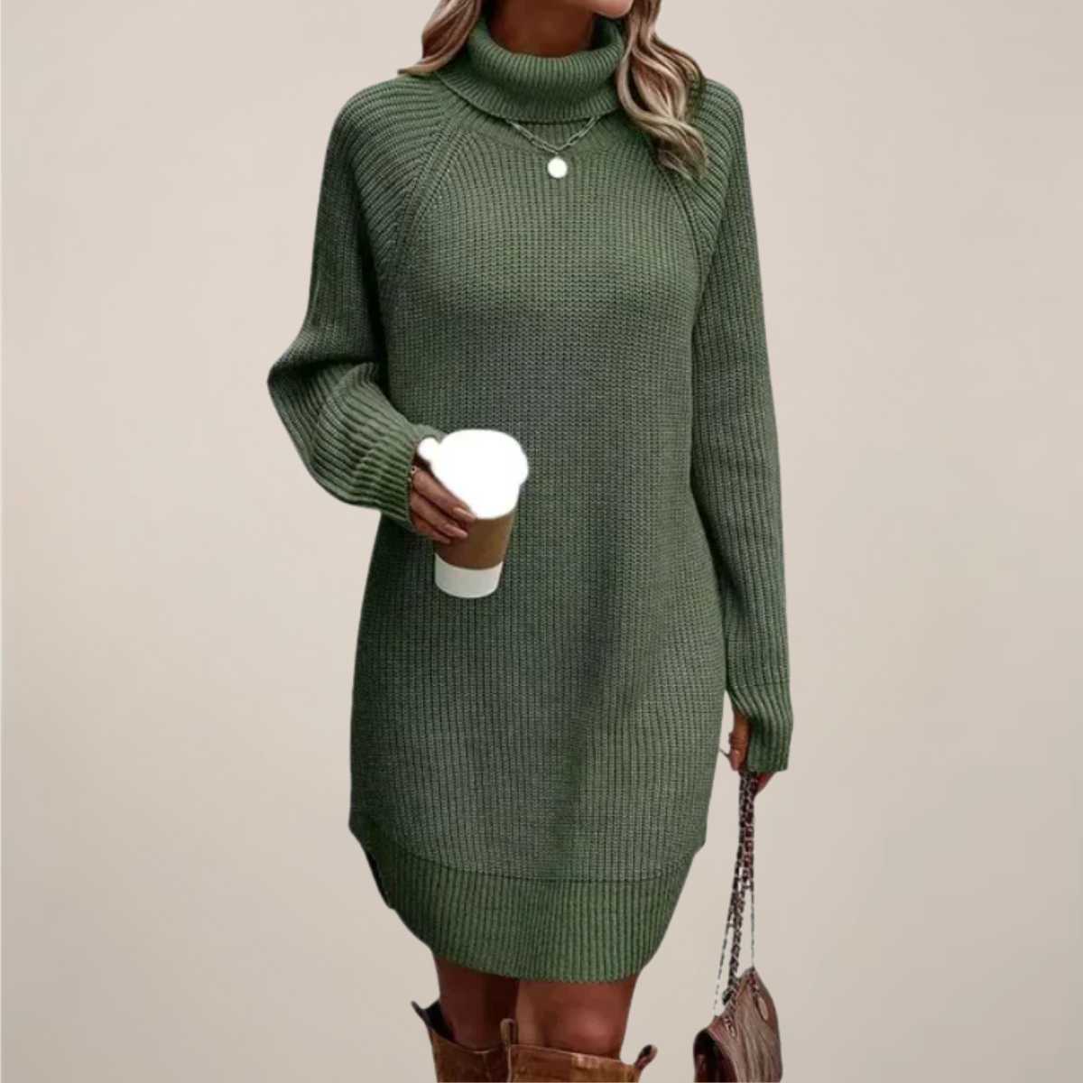 Damen Rollkragen Pulloverkleid Langarm Warm