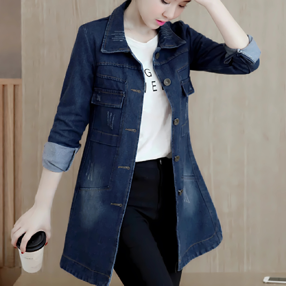 Lange Jeansjacke Frauen Stickdetails Vintage Style