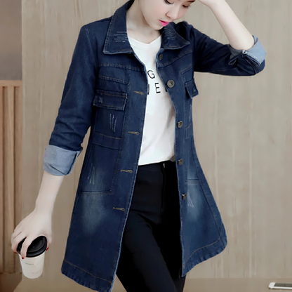 Lange Jeansjacke Frauen Stickdetails Vintage Style