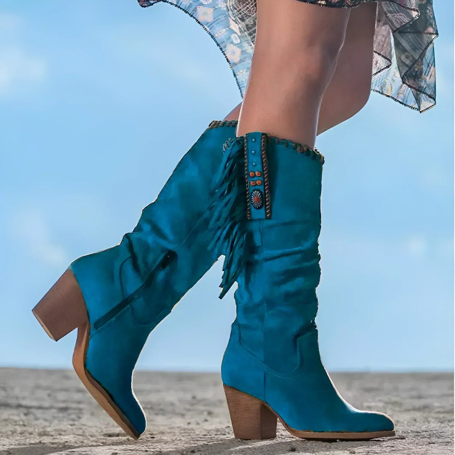 Damen Westernstiefel Fransen Stiefel Klobiger Absatz