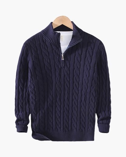 Marineblaue Zopfmuster Pullover Set mit Hose und Loafer