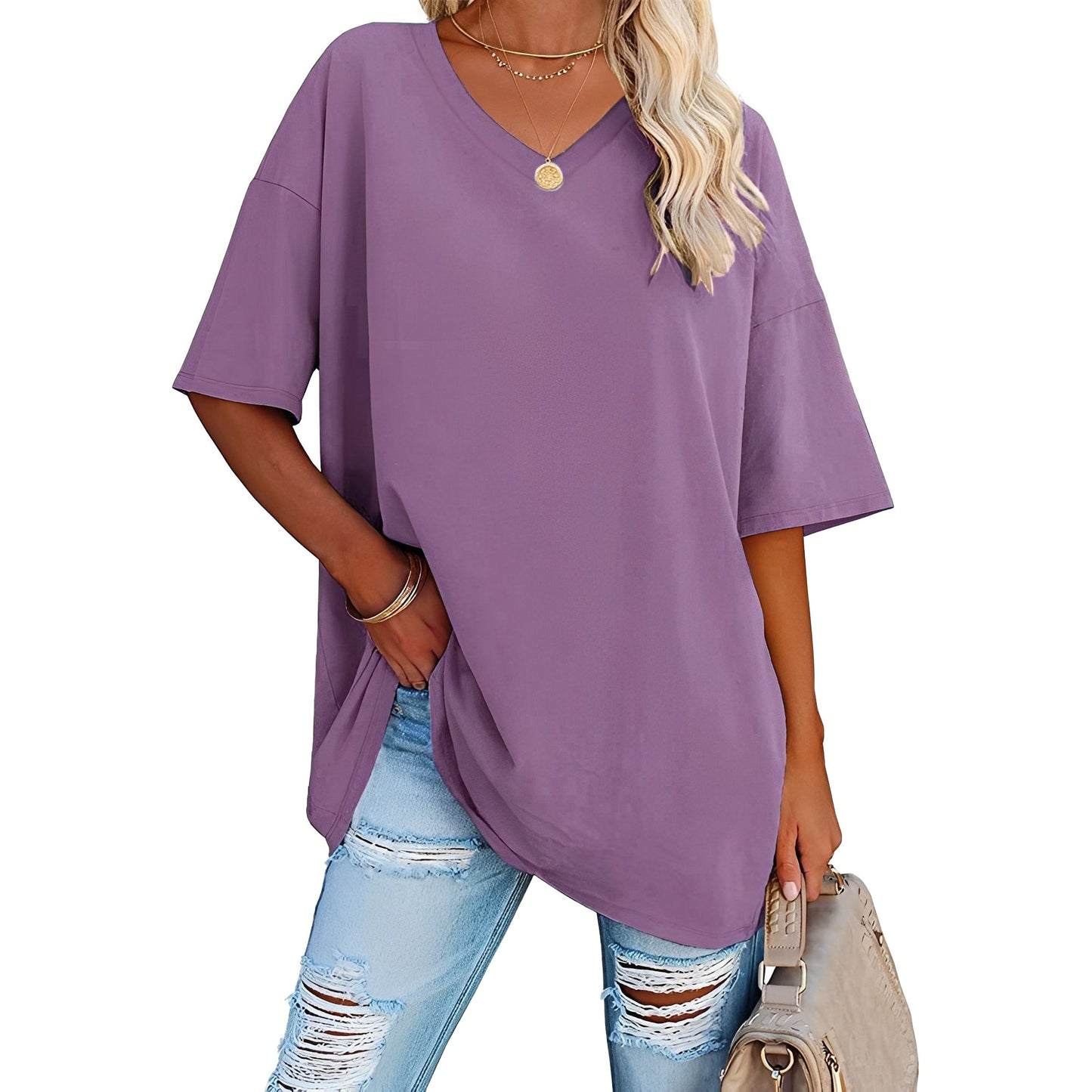 Damen Shirt V-Ausschnitt Lässig Locker Geschnitten