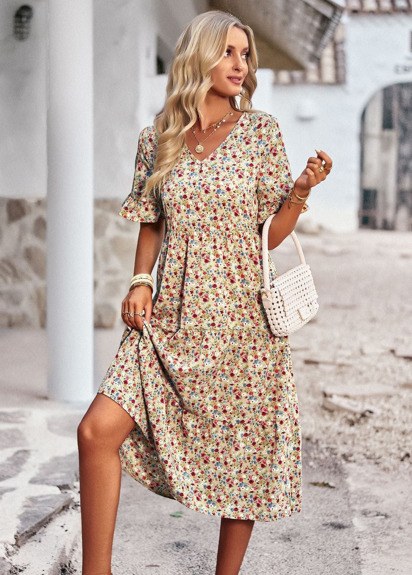 Damendress Blumenmuster Bequem Midilength Sommerkleid - BerlinGlamour