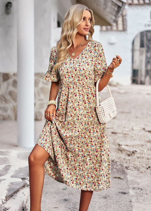 Damendress Blumenmuster Bequem Midilength Sommerkleid - BerlinGlamour
