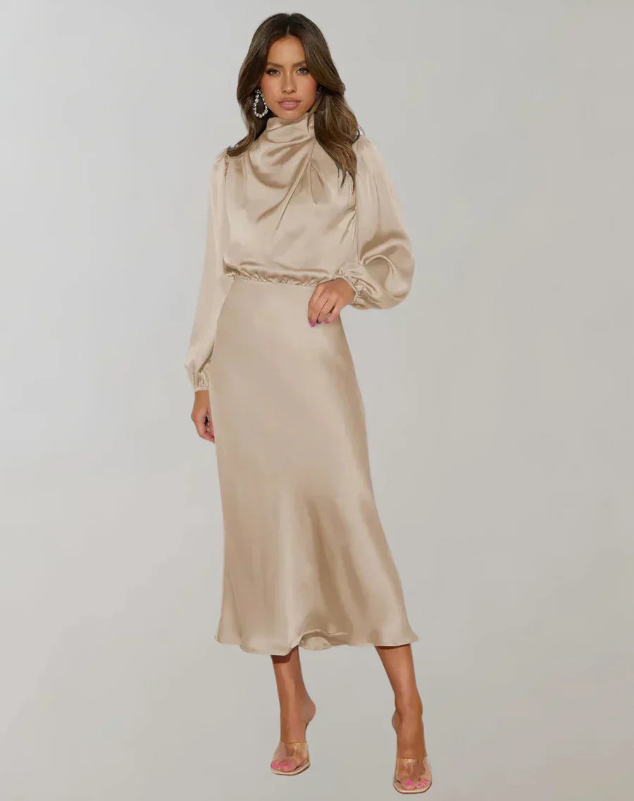 Elegantes Frauenkleid Satin Langärmlig Hochgeschlossen
