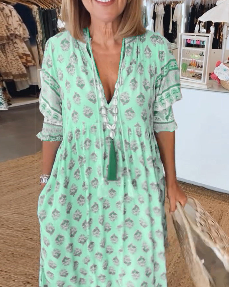 Damen Midi-Kleid Bedruckt V-Ausschnitt Sommerkleid
