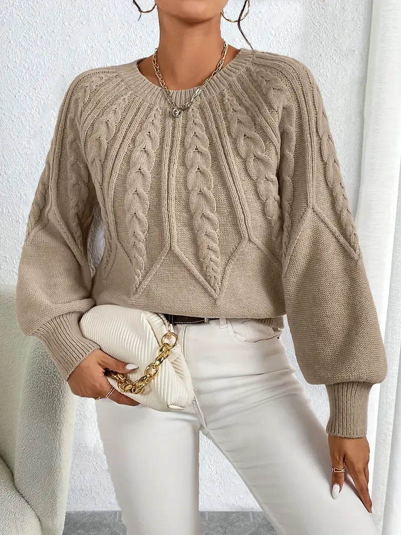 Damen Pullover Strick Kabelmuster Elegante Ballonärmel - BerlinGlamour
