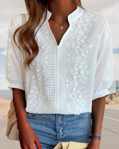 Damen Bluse V-Ausschnitt Puffärmel Elegant