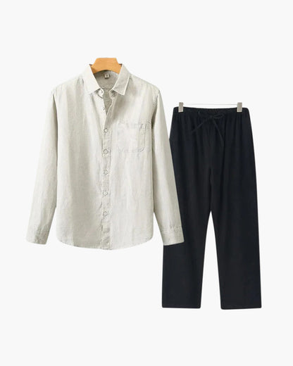 Herren Leinenanzug Sommer Zweiteiler Langarm Hose Hemd Set