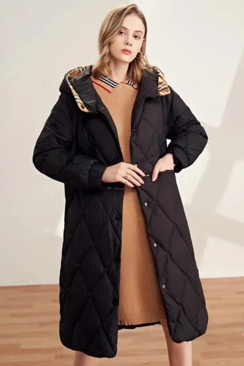 Langer Damenmantel mit Kapuze Diamant Muster Warm