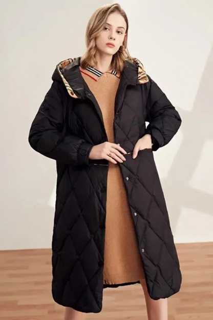 Langer Damenmantel mit Kapuze Diamant Muster Warm