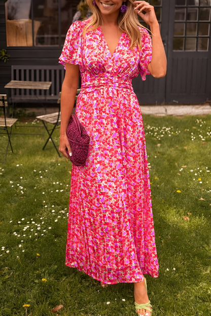 Damenkleid Blumenprint Maxi Kurzarm Sommerkleid