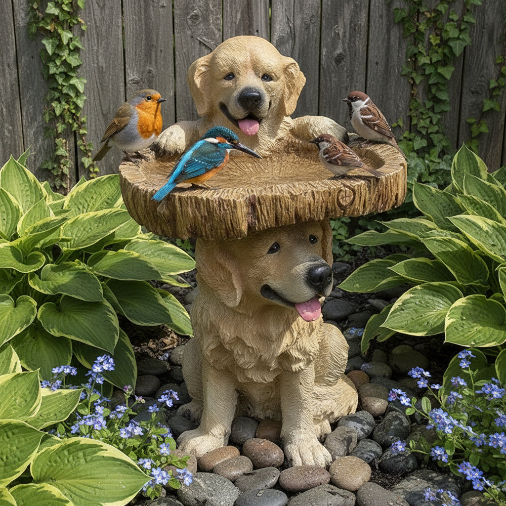 Gartenstatue Welpen Golden Retriever Dekor Vogelbad