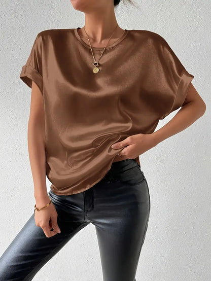 Damen T-Shirt Satin Optik Umschlag Ärmel Elegantes Design
