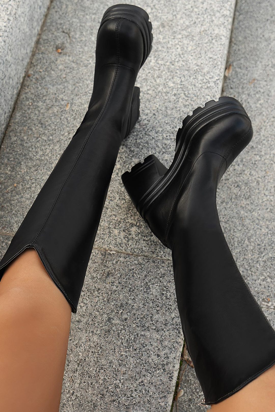 Schwarze Plateau-Stiefel Damen Kniehoch Bequem Stilvoll