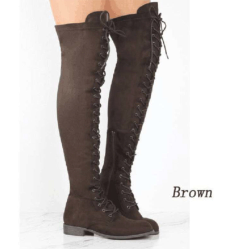Damen Stiefel Überknie Weiches Wildleder Schnürstiefel