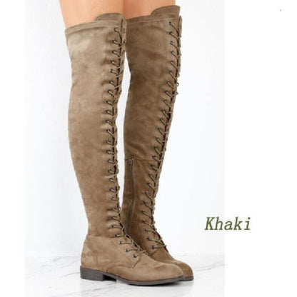 Damen Stiefel Überknie Weiches Wildleder Schnürstiefel