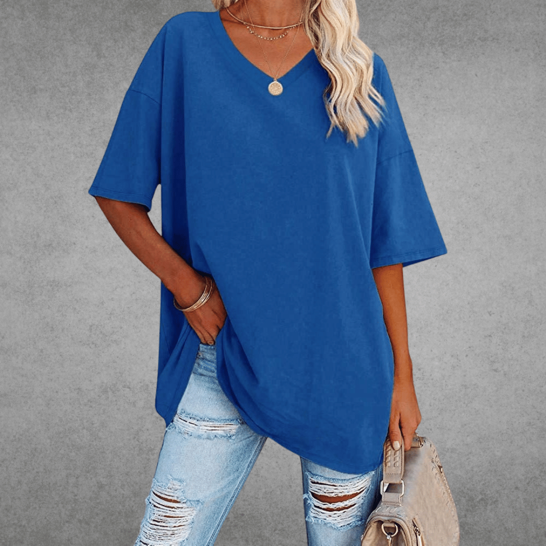 Damen T-Shirt Oversize V-Ausschnitt Lässig Leger