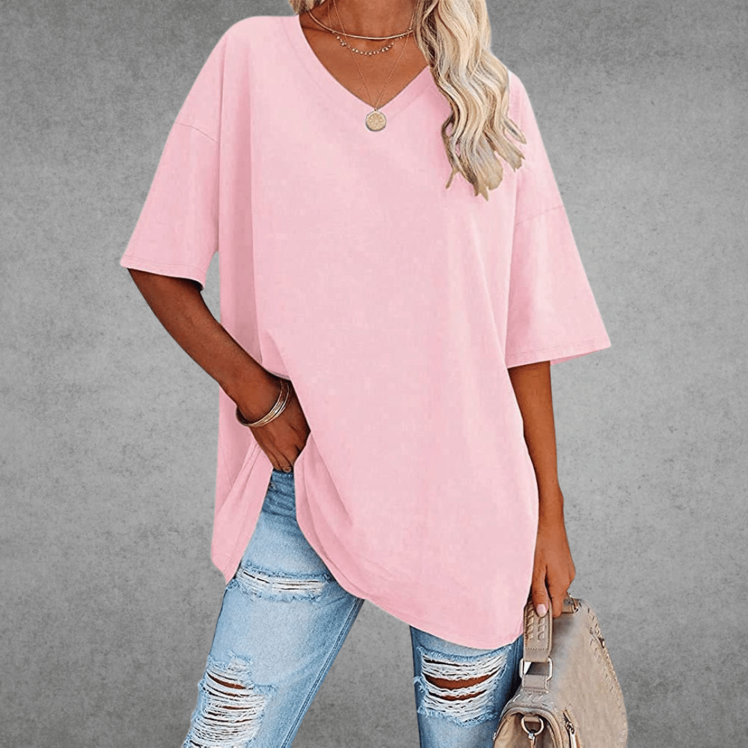 Damen T-Shirt Oversize V-Ausschnitt Lässig Leger