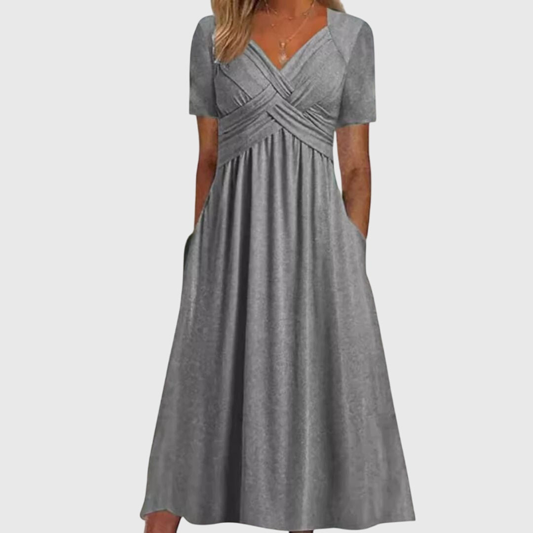 Damen Maxikleid V-Ausschnitt Kurzärmel Sommerkleid