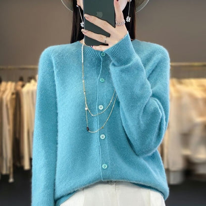 Damen Strickjacke Merino Wolle Rundhals Langärmlig