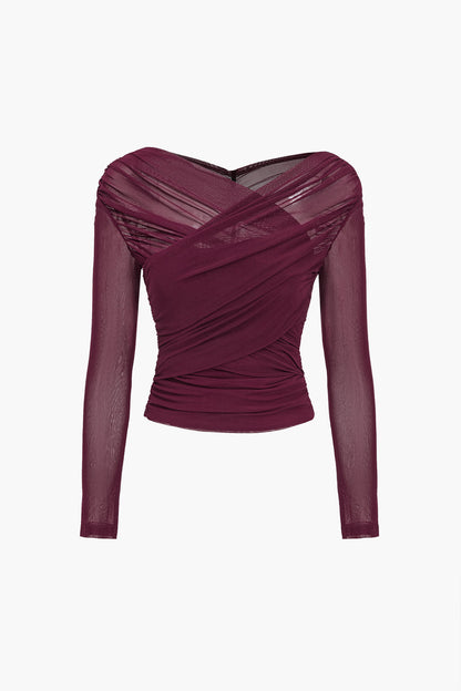 Damen Oberteil Langarm Mesh Top mit Rüschen