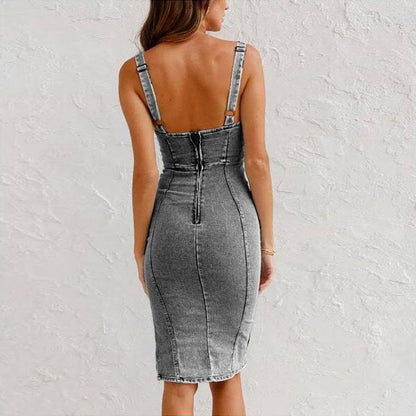 Damen Midikleid Jeans mit Reißverschluss und Seitenschlitz