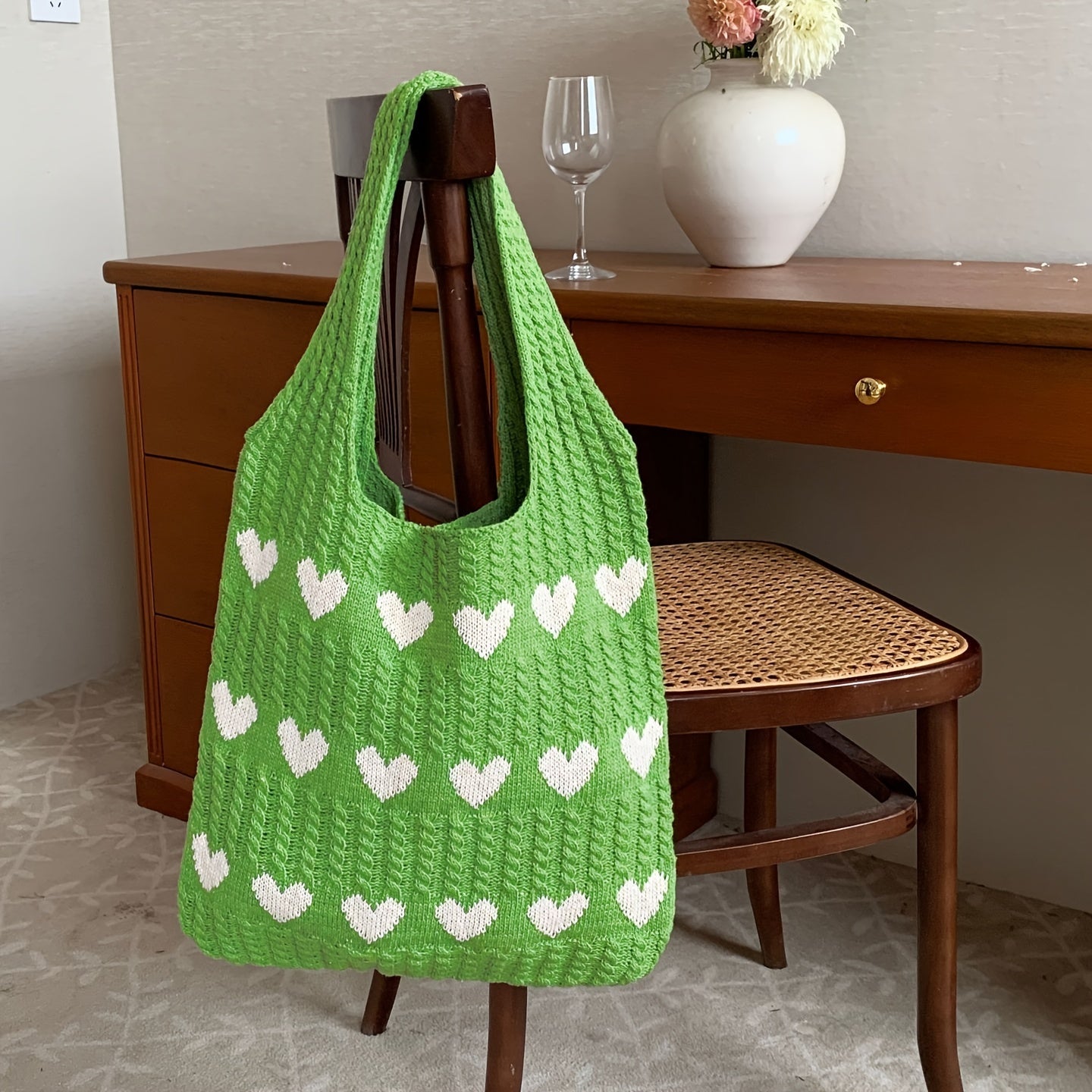 Handgefertigte Stricktasche Herz Muster Frauen