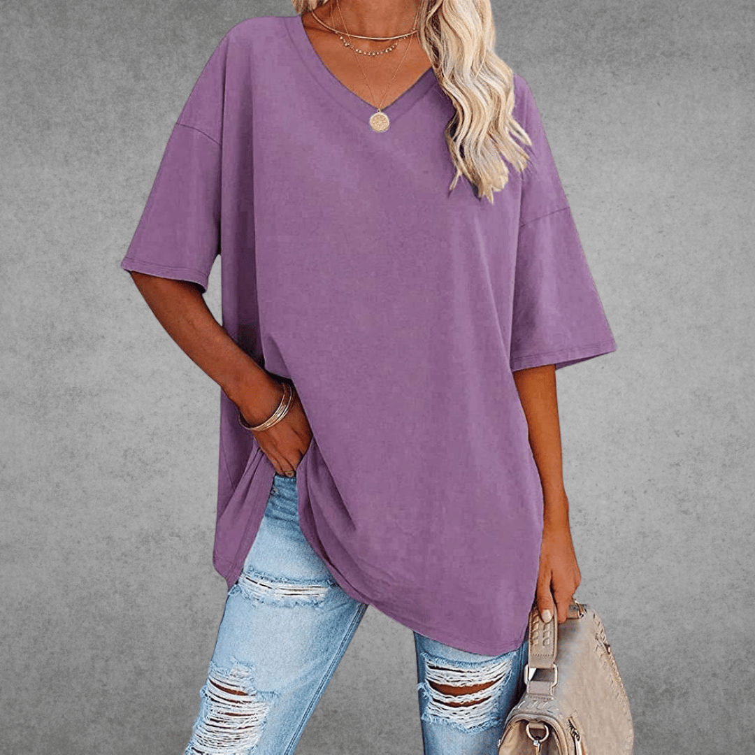 Damen T-Shirt Oversize V-Ausschnitt Lässig Leger