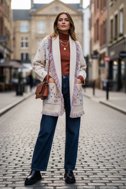 Damen Cardigan Strickjacke Warm mit Fransen und Muster