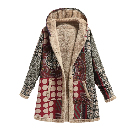 Kapuzenmantel Damen Patchwork Gefüttert Knöpfe Taschen