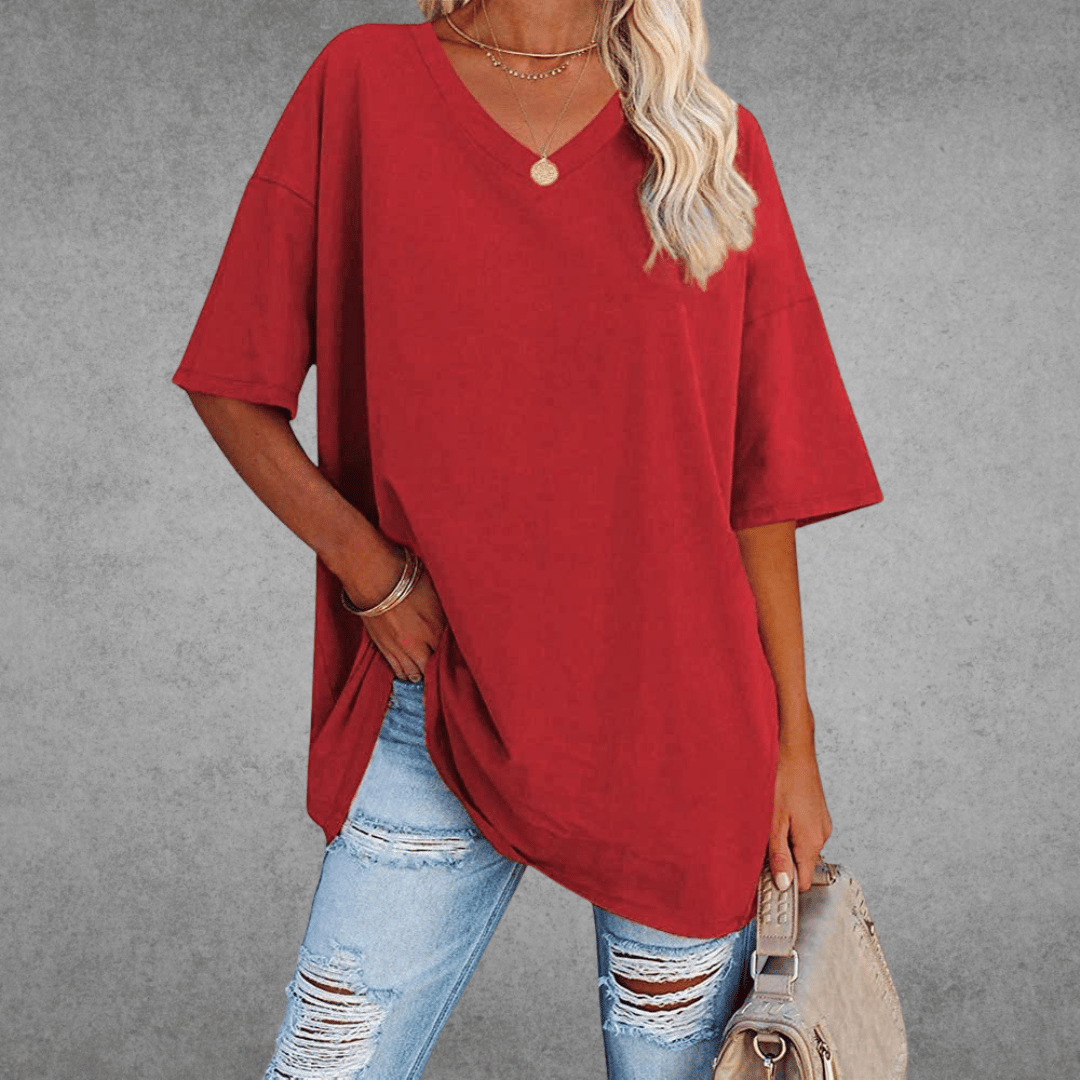 Damen T-Shirt Oversize V-Ausschnitt Lässig Leger