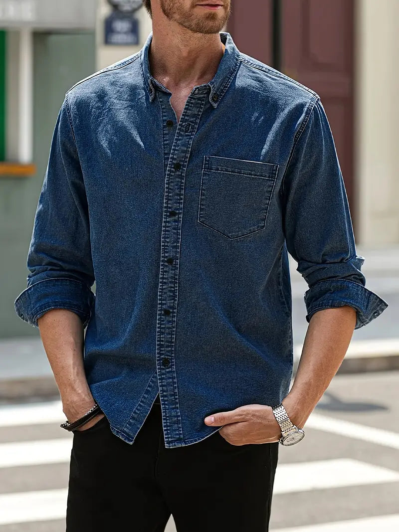 Herren Hemd Denim Blau Langarm Klassisch