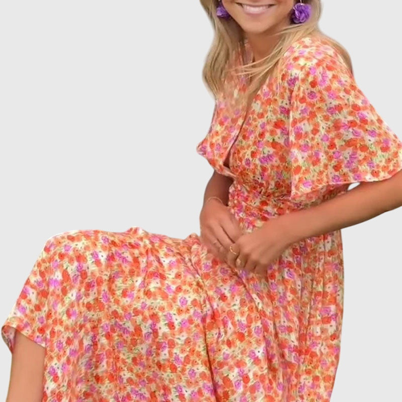 Damen Maxikleid Blumenmuster Sommer Kurzärmlig