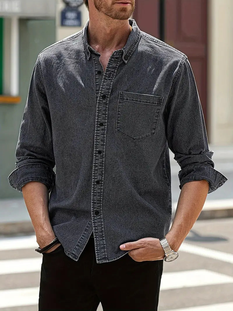 Herren Hemd Denim Blau Langarm Klassisch