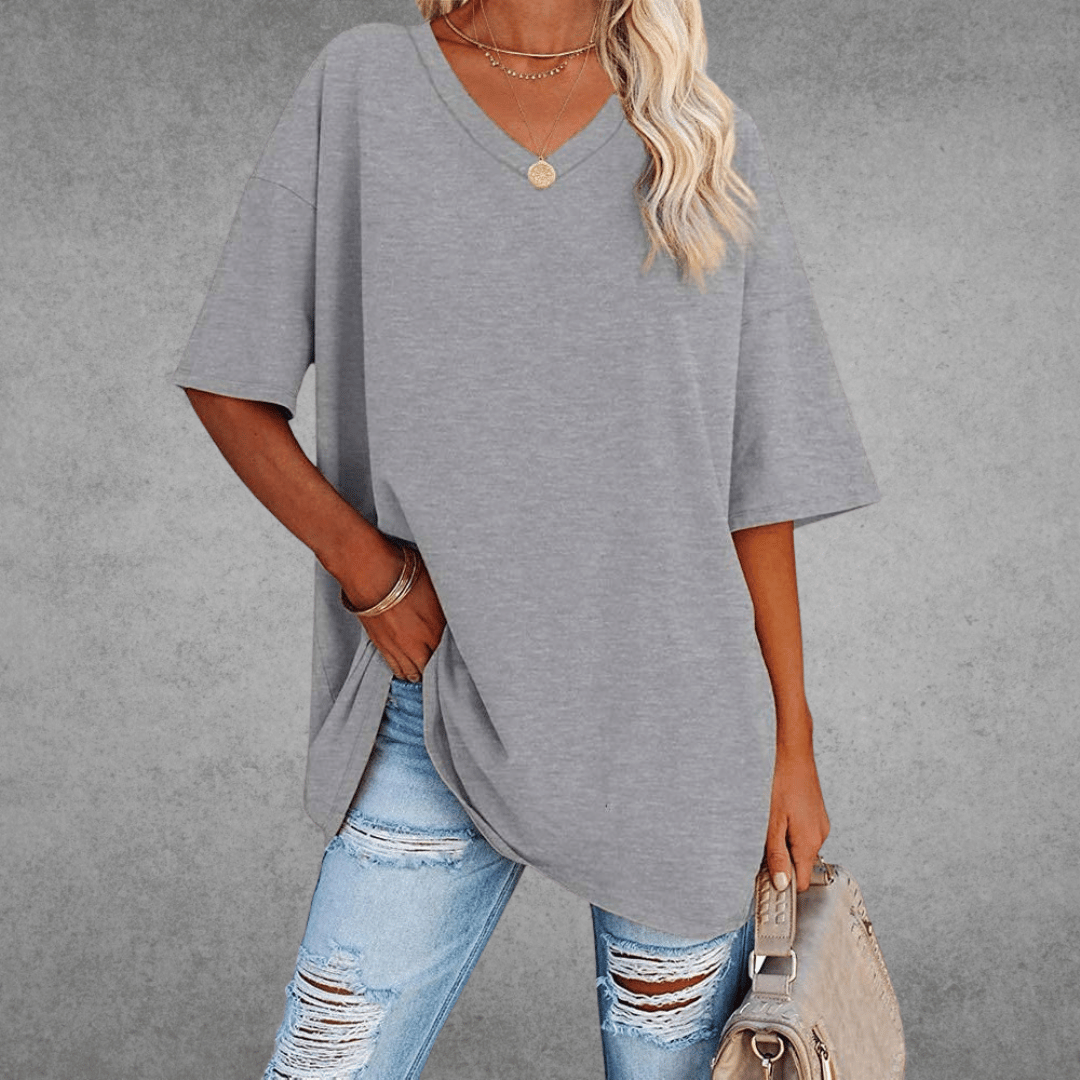 Damen T-Shirt Oversize V-Ausschnitt Lässig Leger