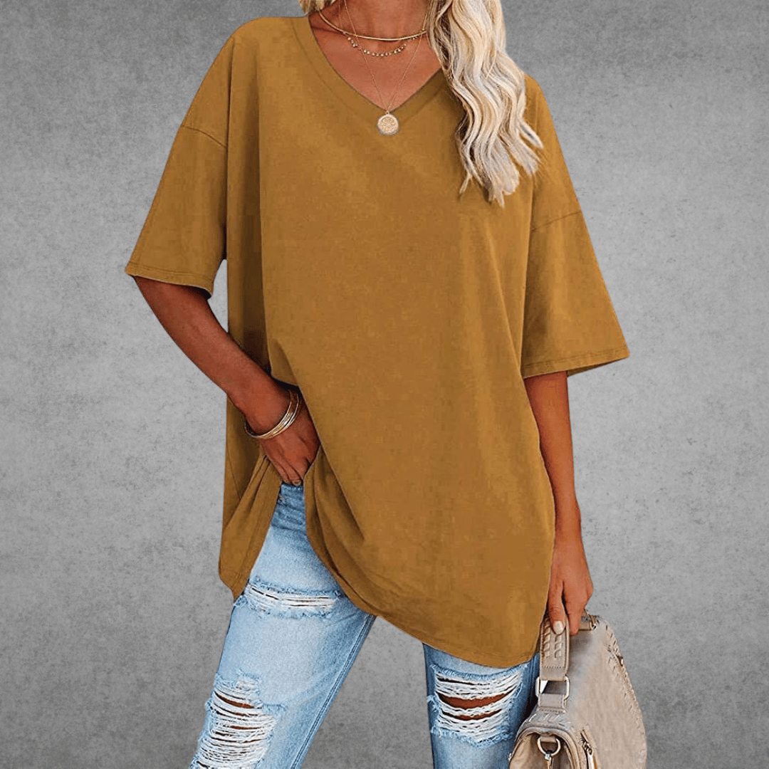 Damen T-Shirt Oversize V-Ausschnitt Lässig Leger