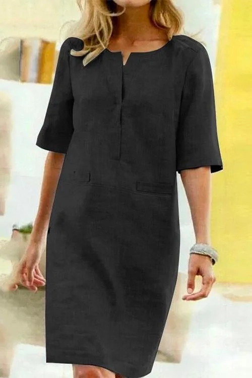 Kleid Damen Kurzärmlig Leinen Sommerkleid Baumwolle