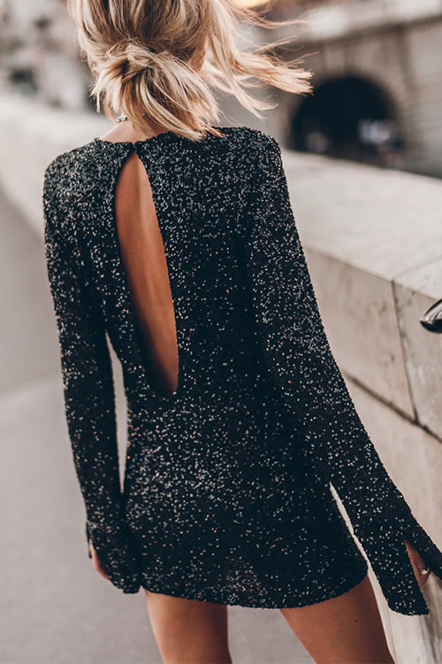 Kleid Mit Pailletten Lange Ärmel Mini Partykleid