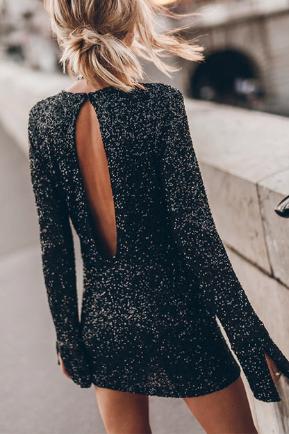 Kleid Mit Pailletten Lange Ärmel Mini Partykleid