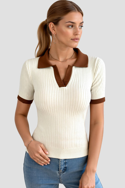 Polo Hemd Gestrickt Kragen Blockfarben Relaxed Fit - BerlinGlamour