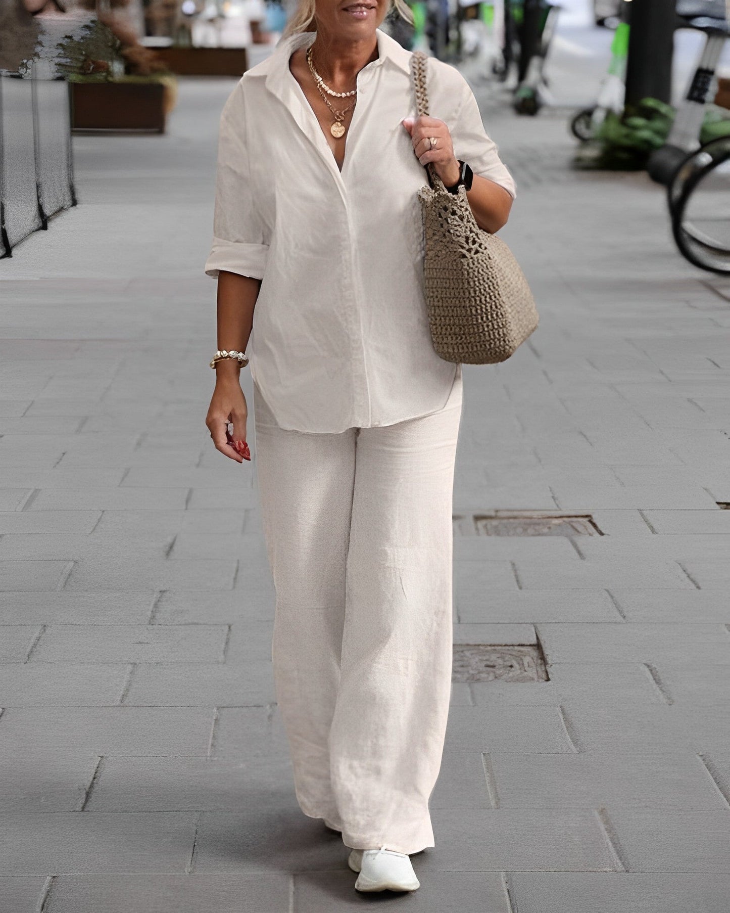 Damen Leinen Set Bequem Sommer Mit Taschen