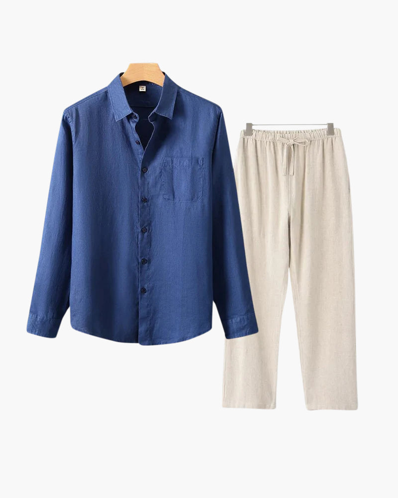 Herren Leinenanzug Sommer Zweiteiler Langarm Hose Hemd Set