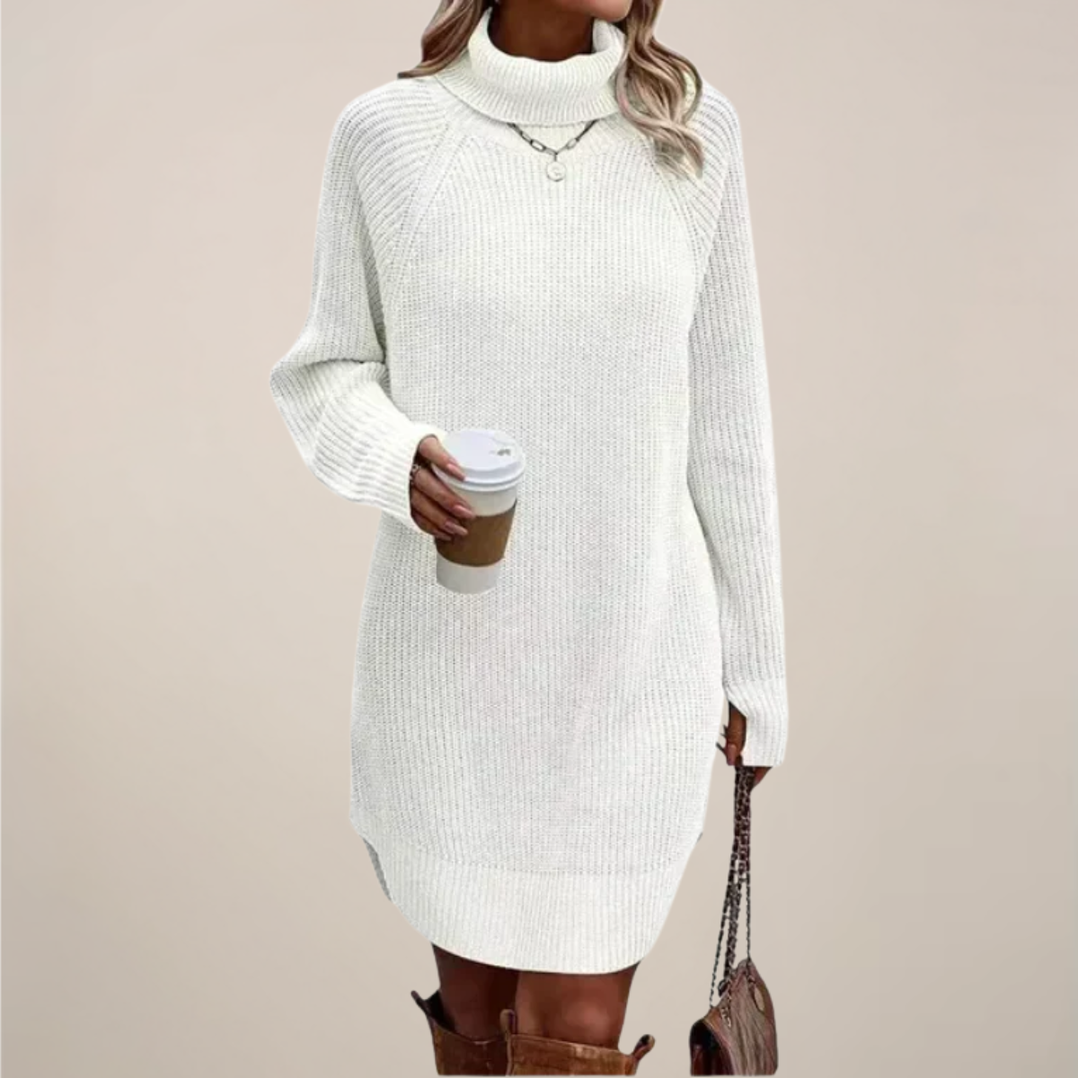 Damen Rollkragen Pulloverkleid Langarm Warm
