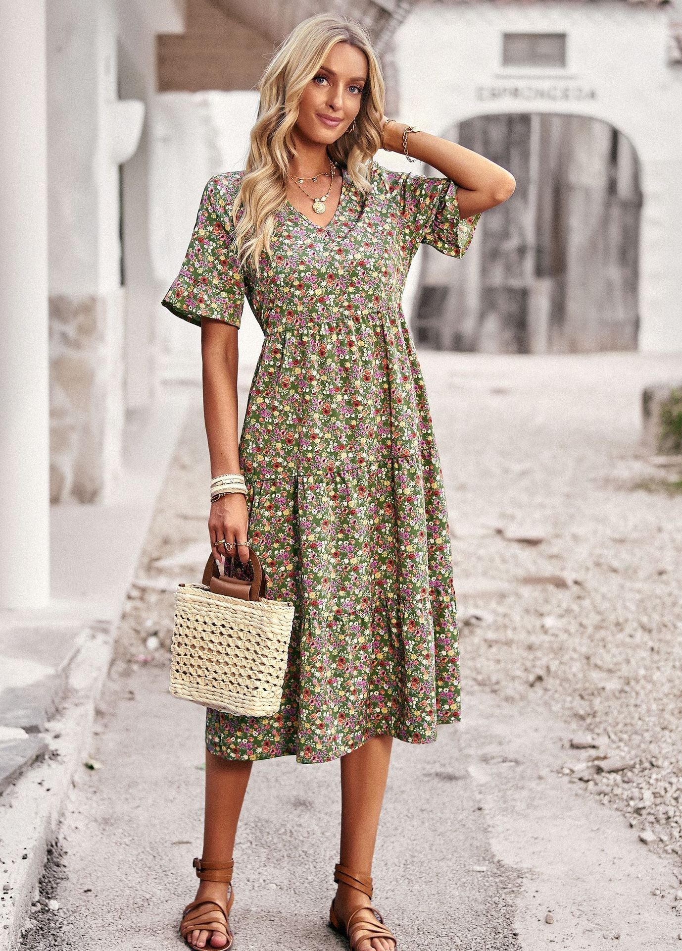 Damendress Blumenmuster Bequem Midilength Sommerkleid