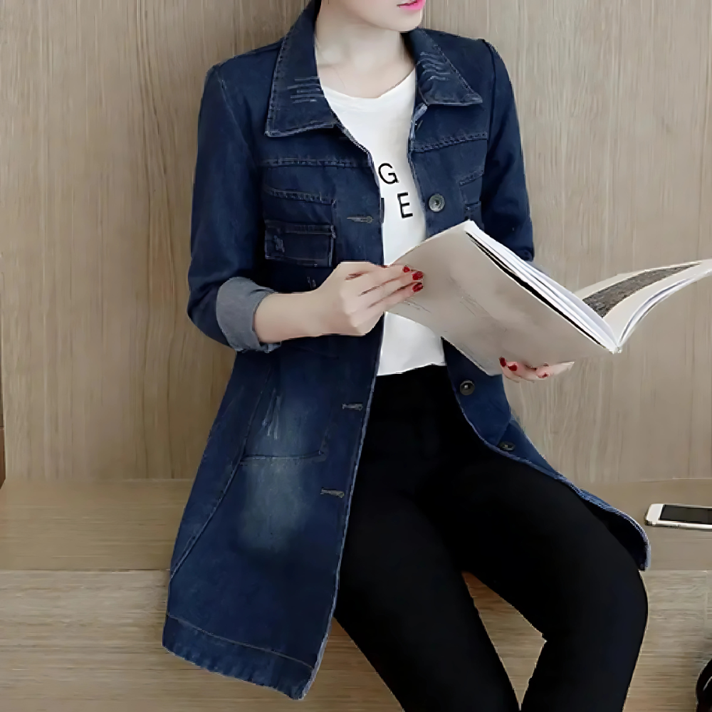 Lange Jeansjacke Frauen Stickdetails Vintage Style
