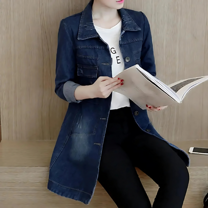 Lange Jeansjacke Frauen Stickdetails Vintage Style
