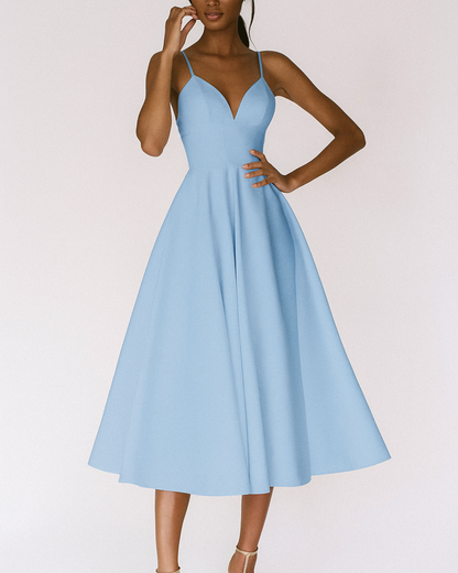 Damen Midi Kleid Hochzeitsgast Trägerkleid Elegant